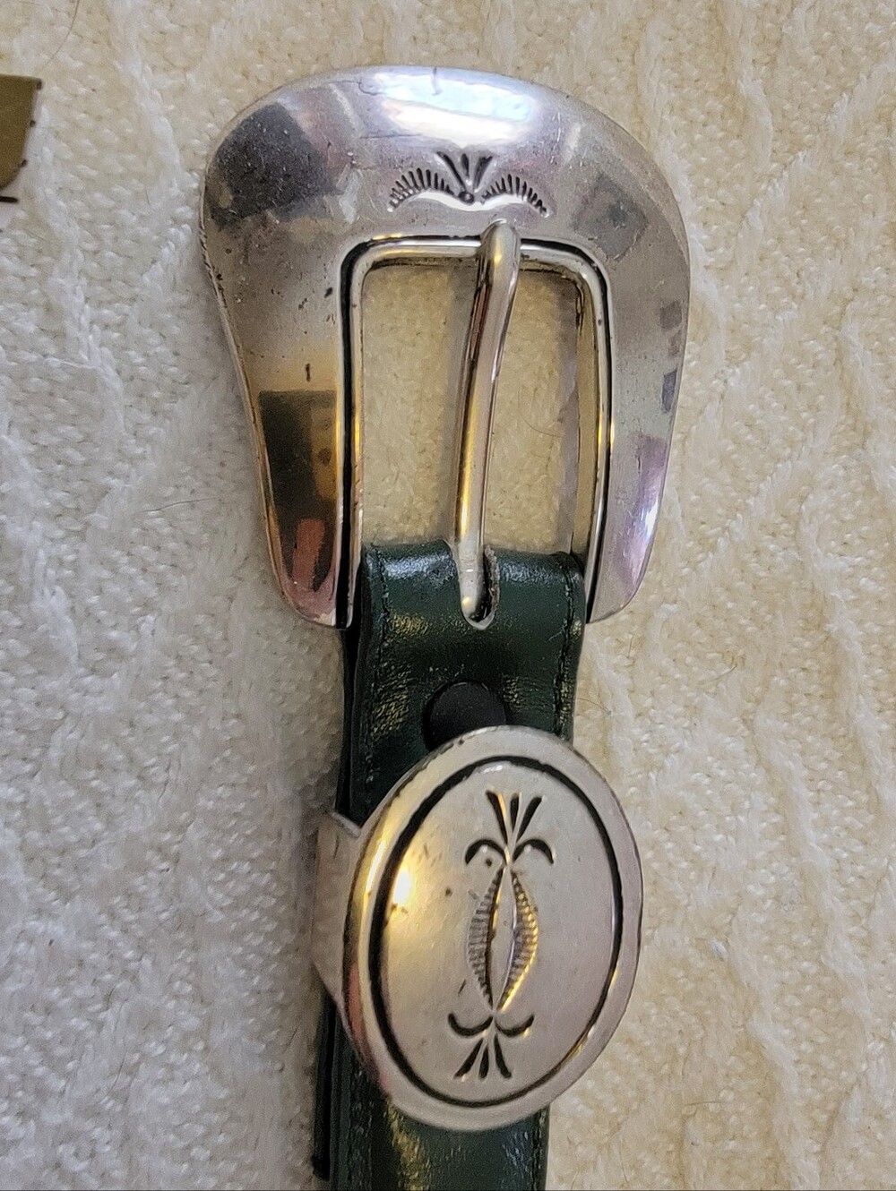 Vintage Silver Buckle Cowhide Leather Belt with Decorative Concho - Green